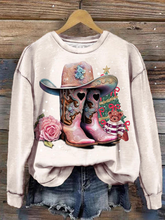 Women's Western Denim Christmas Tree Floral Print Long Sleeve Top