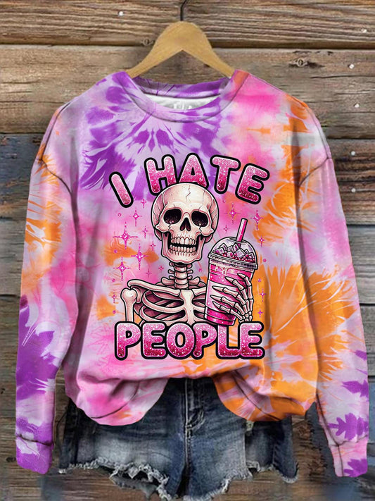 I Hate People Skull Cold Drink Tie Dye Print Casual Long Sleeve Top