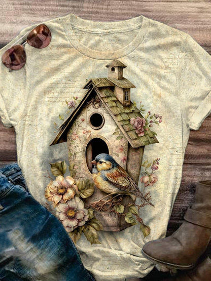 Women's Bird House Vintage Print Short Sleeve T-Shirt