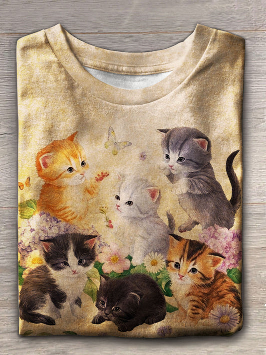 Women's Cute Cat Retro Flowers Crew Neck T-shirt