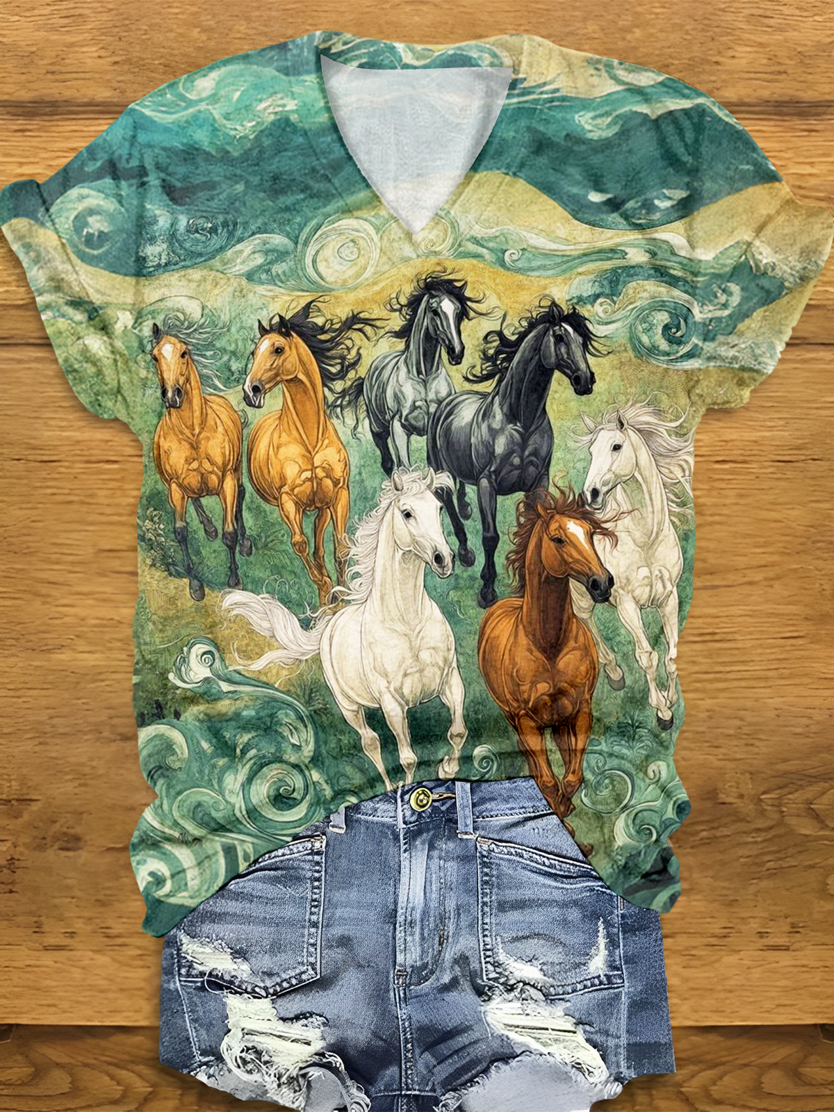 Vintage Western Horse Art V-neck T-Shirt