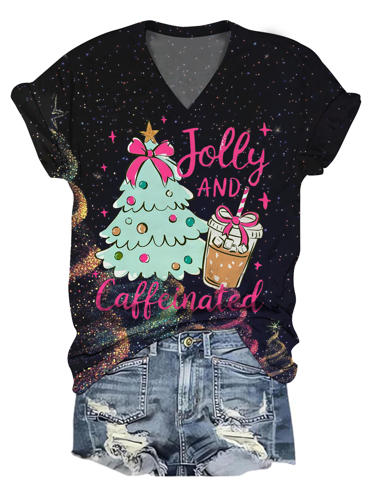 To Be Jolly & Caffeinated Christmas V-Neck T-Shirt