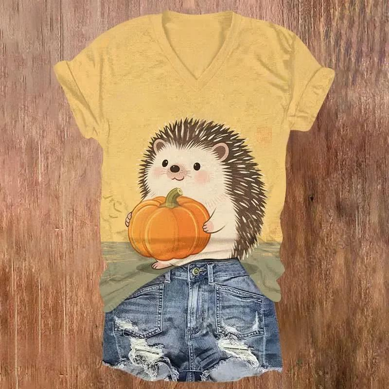 Fun Pumpkin Hedgehog V-neck T-Shirt