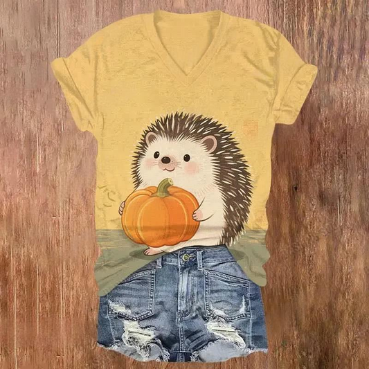 Fun Pumpkin Hedgehog V-neck T-Shirt
