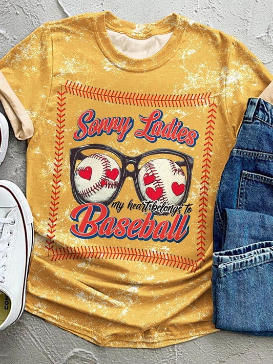 Retro Baseball Valentine's Day Print Crew Neck T-shirt