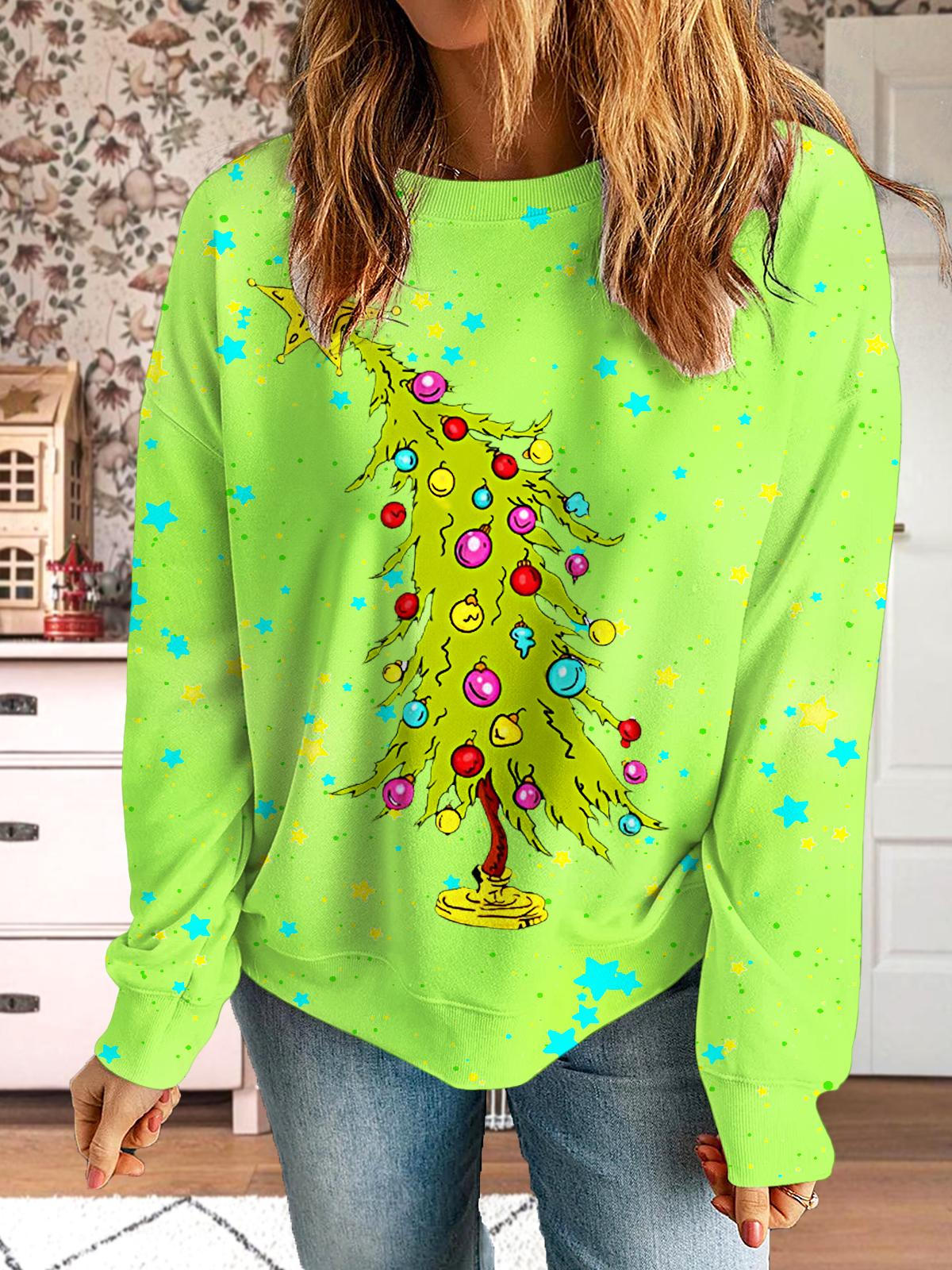 Women's Retro Fashion Christmas Tree Printed Long Sleeve Casual Top