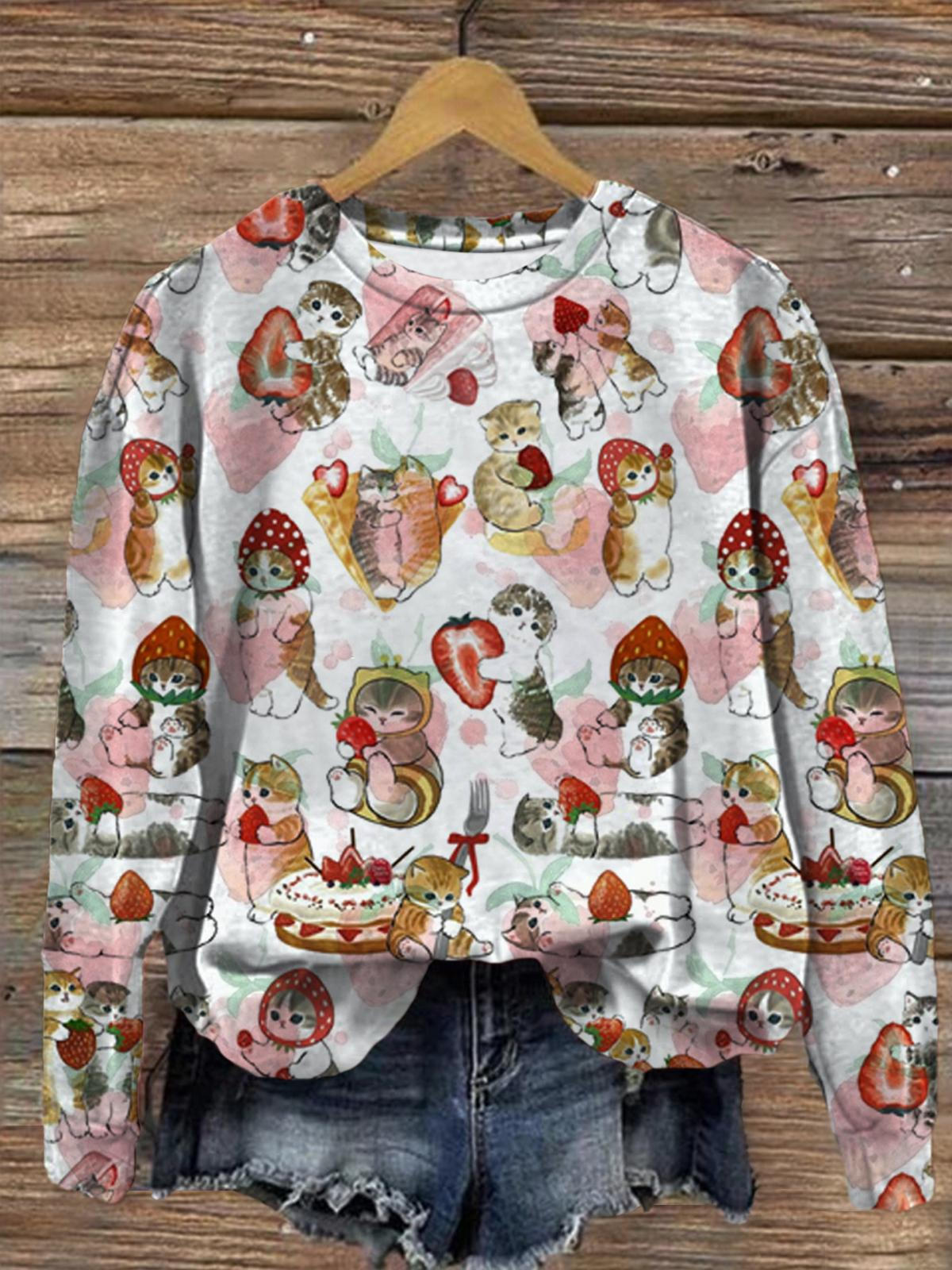 Cute Cat Strawberry Print Printed Long Sleeve Casual Top