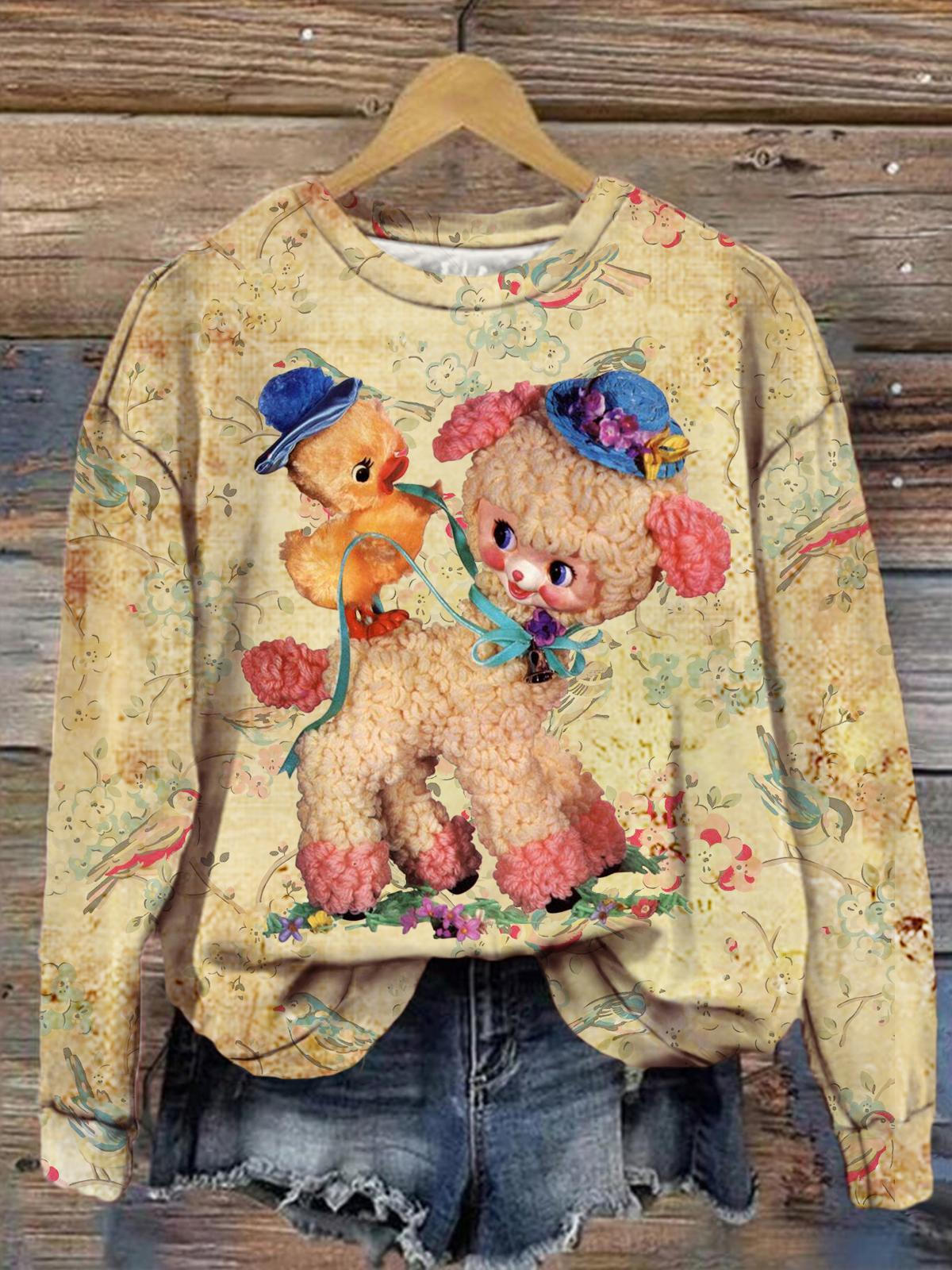 Women's Cute Puppy And Chicken Retro Print Long Sleeve Casual Top