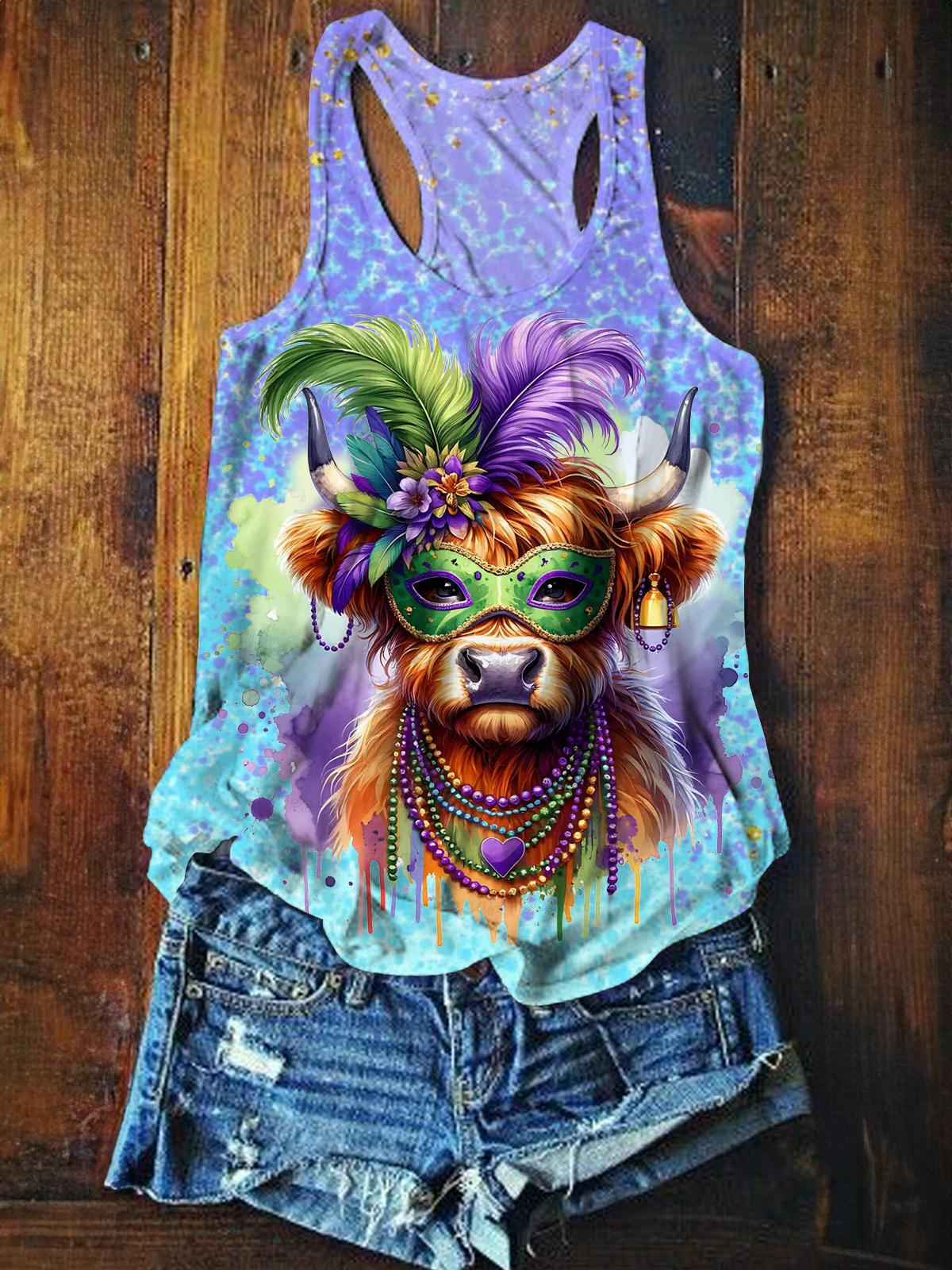 Mardi Gras Cow Party Mask Mood Print Vest