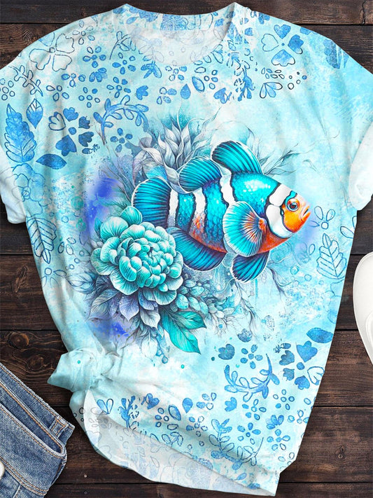 Cute Fish Printed Crew Neck T-shirt