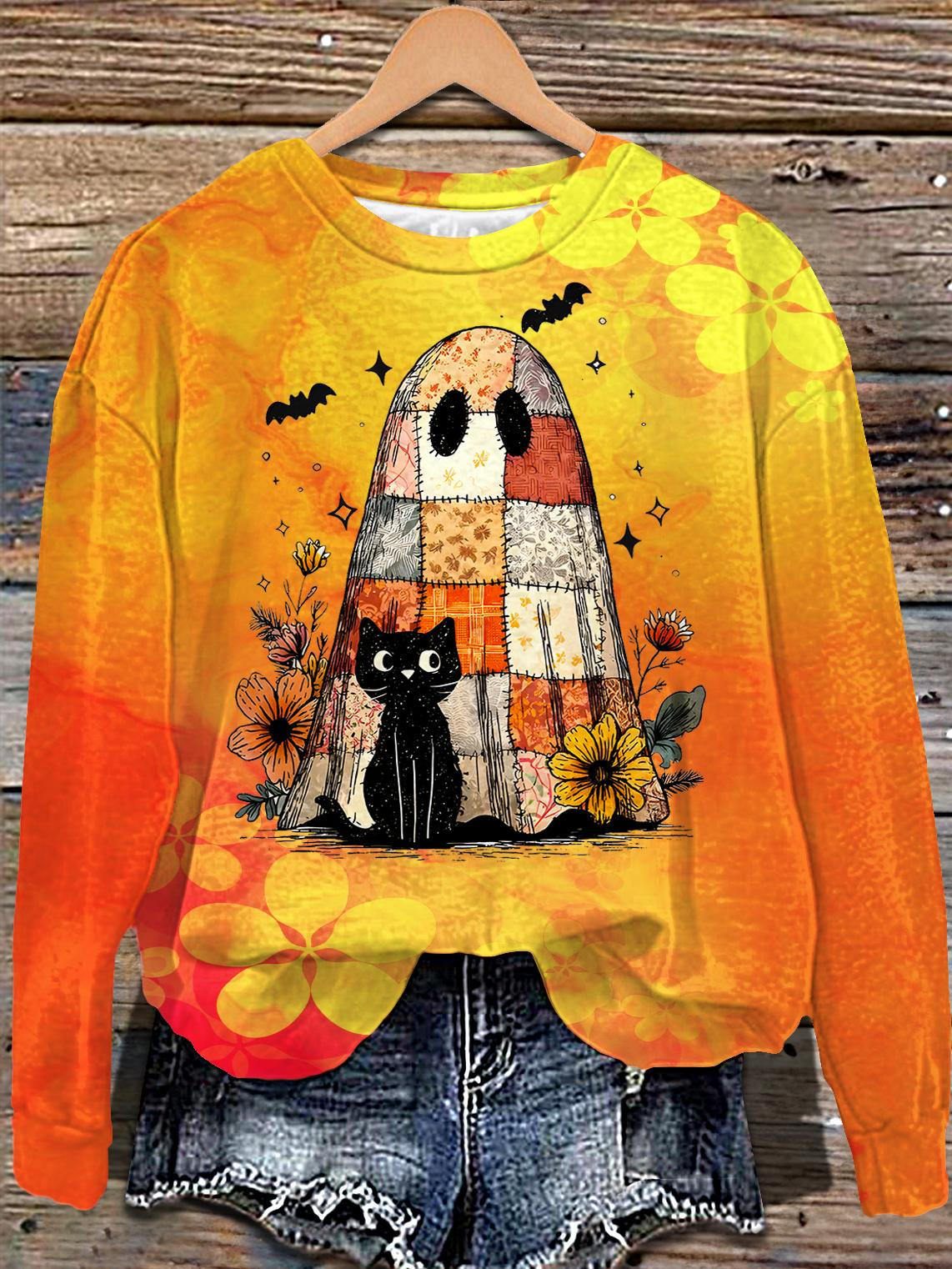 Autumn Halloween Ghost Printed Long Sleeve Casual Top