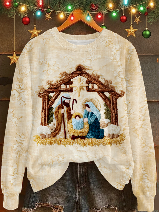 Latch Hook Yarn Crochet Jesus Christmas Printed Long Sleeve Casual Top