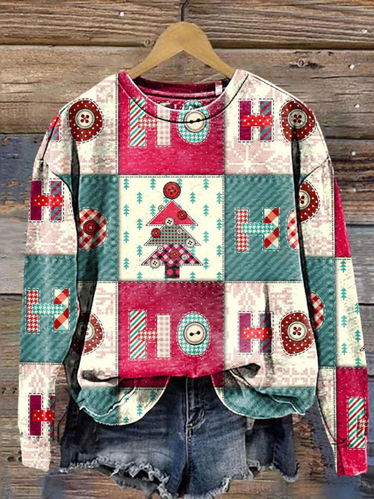 Fabric Collage Christmas Printed Long Sleeve Casual Top