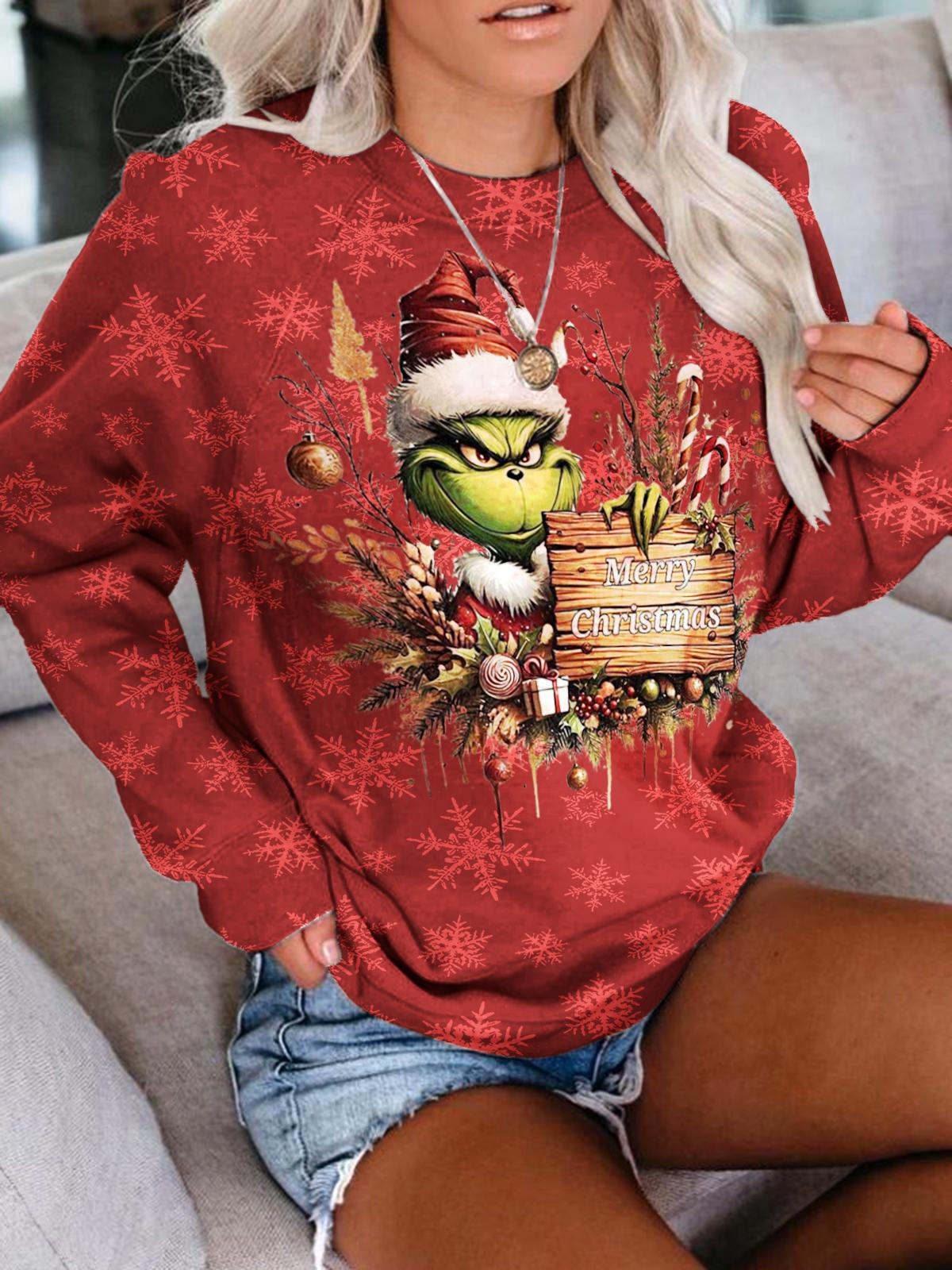 Women's Vintage Merry Christmas Funny Print Long Sleeve Casual Top