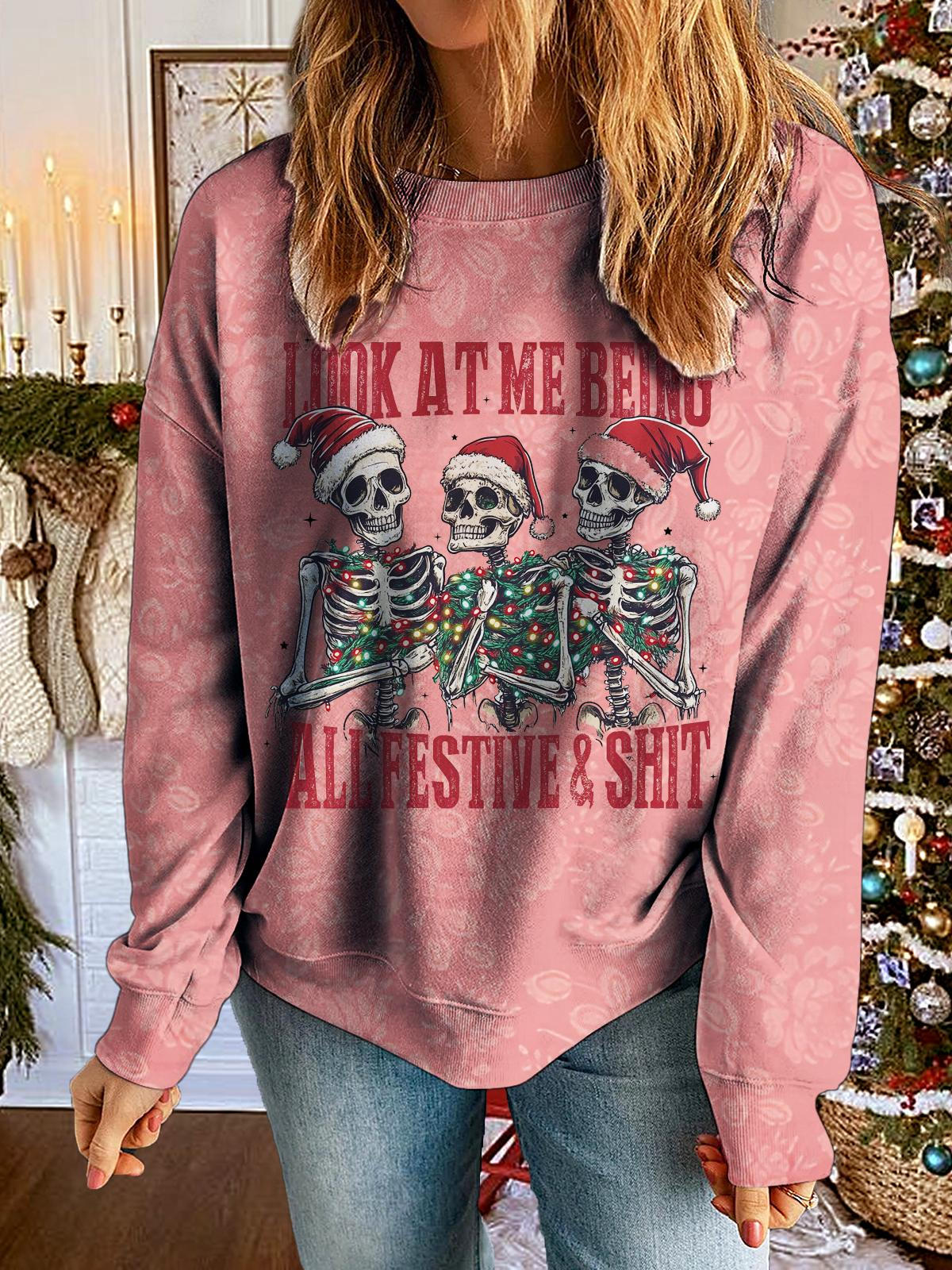 Look At Me Being All Festive And Shit Printed Long Sleeve Casual Top