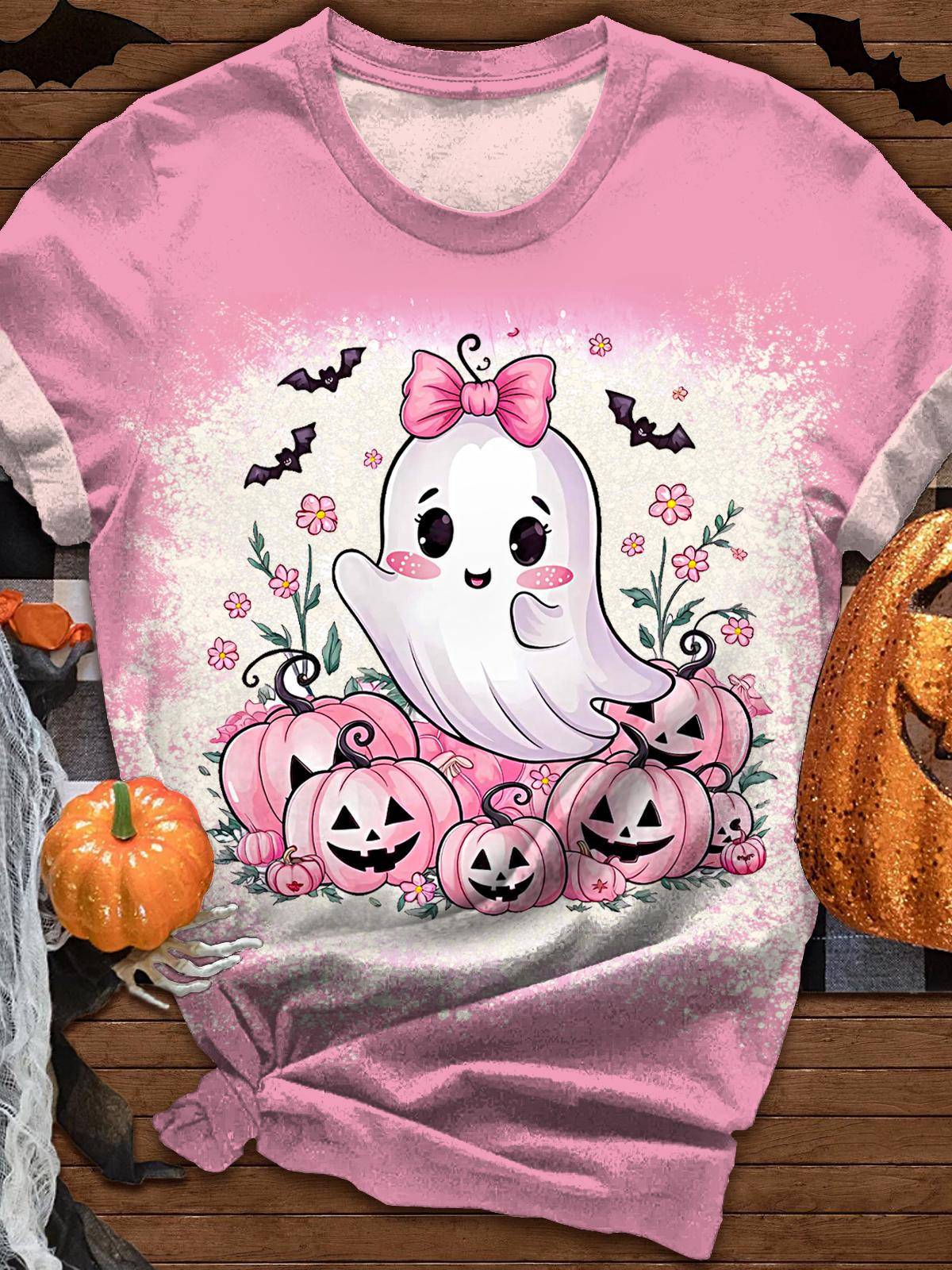 Women's Pink Halloween Ghost Pumpkin Crew Neck T-shirt