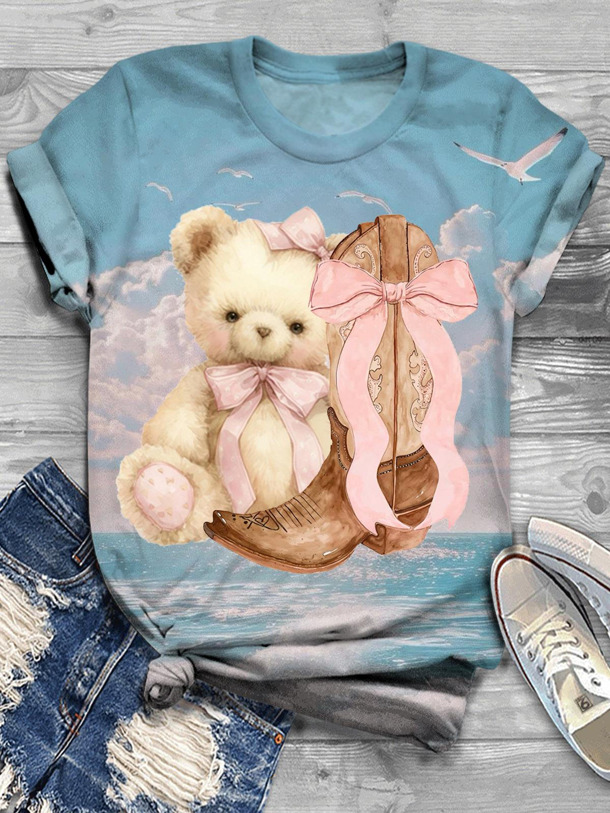 Women's Western Region Boots Bow Bear Print T-shirt