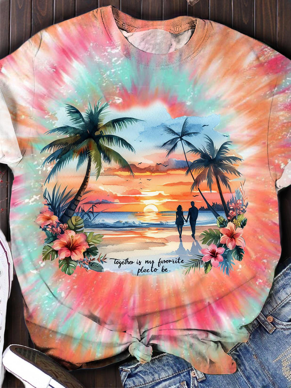 Women's Beach Vacation Casual Tie-Dye Printed Round Neck Short Sleeve T-Shirt