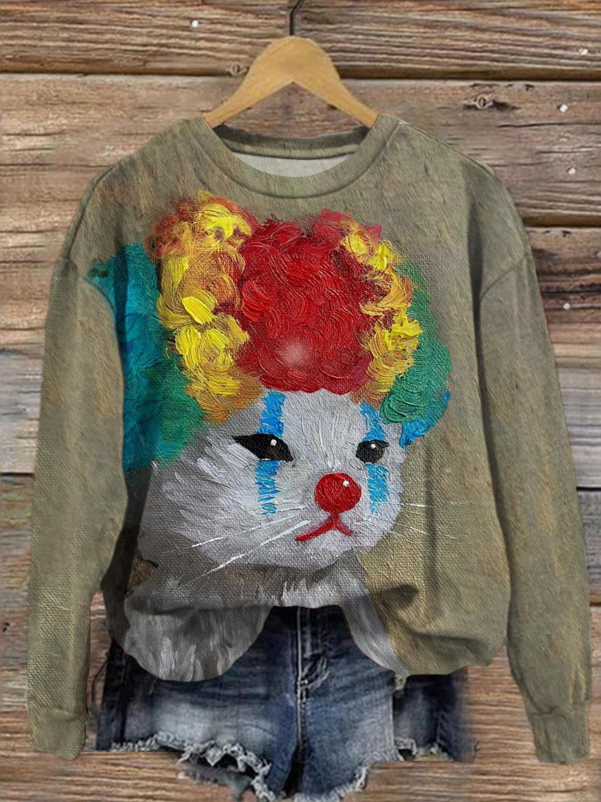 Women's Clown Cat Painting Printed Halloween Long Sleeve Top