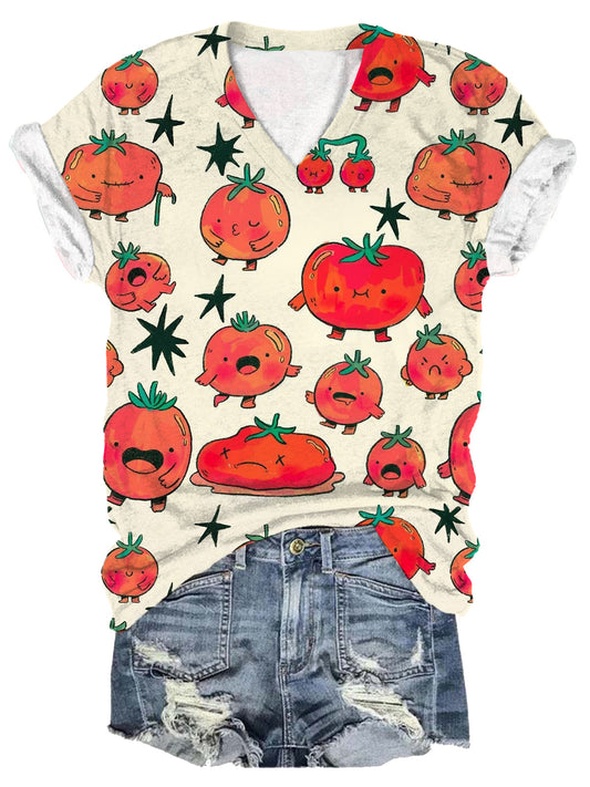 Cute Tomato Funny Expression Pack Printed Casual T-shirt