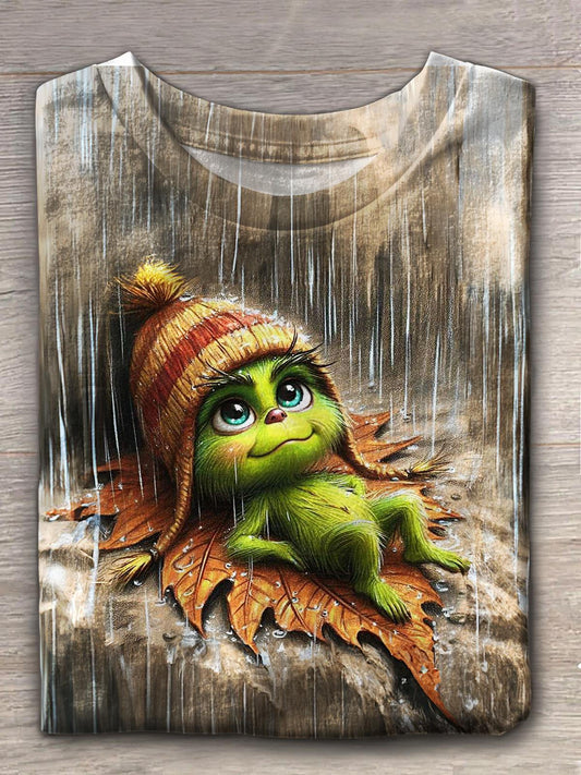 Women's Winter Green Leaf Falling Print Crew Neck T-shirt