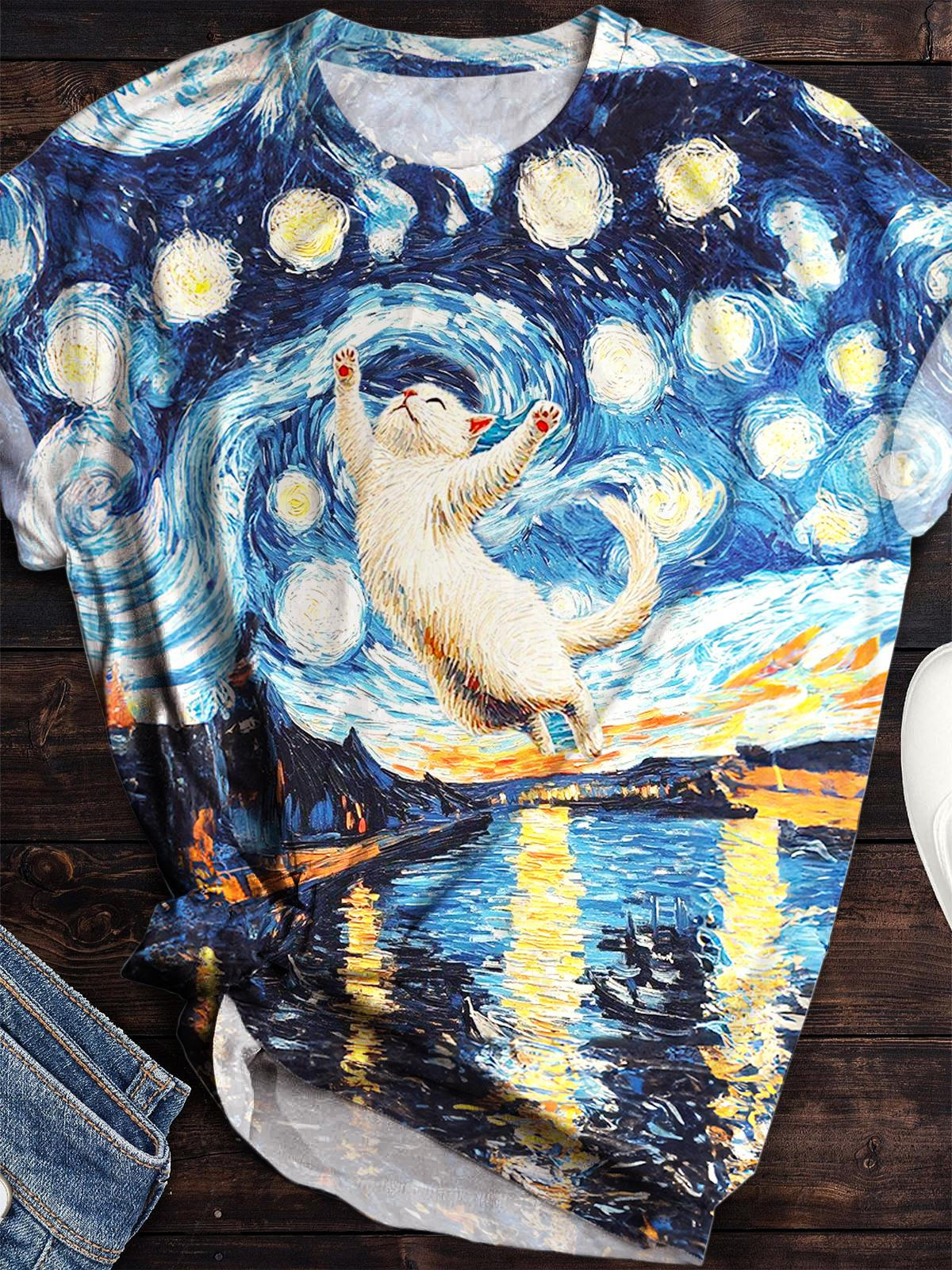 Women's Retro Starry Night Kitten Print Crew Neck T-shirt