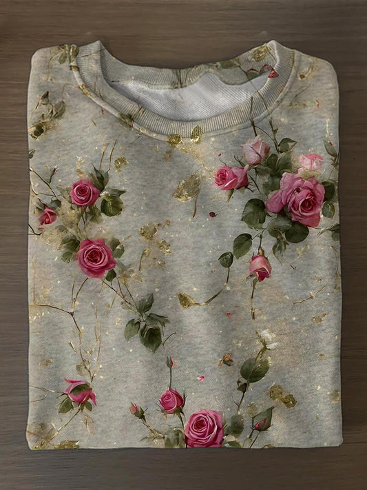 Vintage Floral Gold Printed Long Sleeve Casual Top