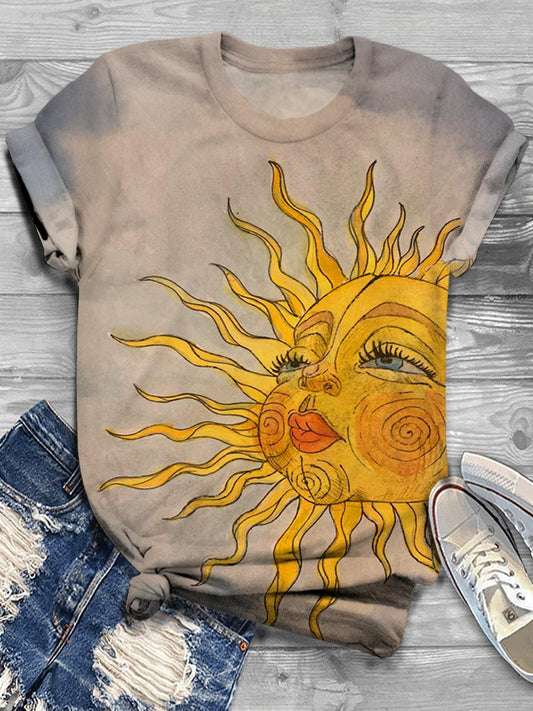 Women's Sun And Flowers Illustration Printed Casual T-shirt