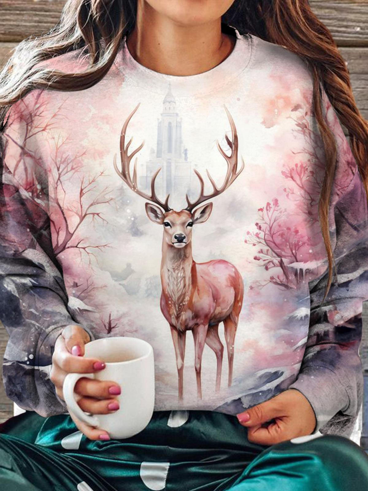 Women's Foral Elk Round Neck Long Sleeve Top