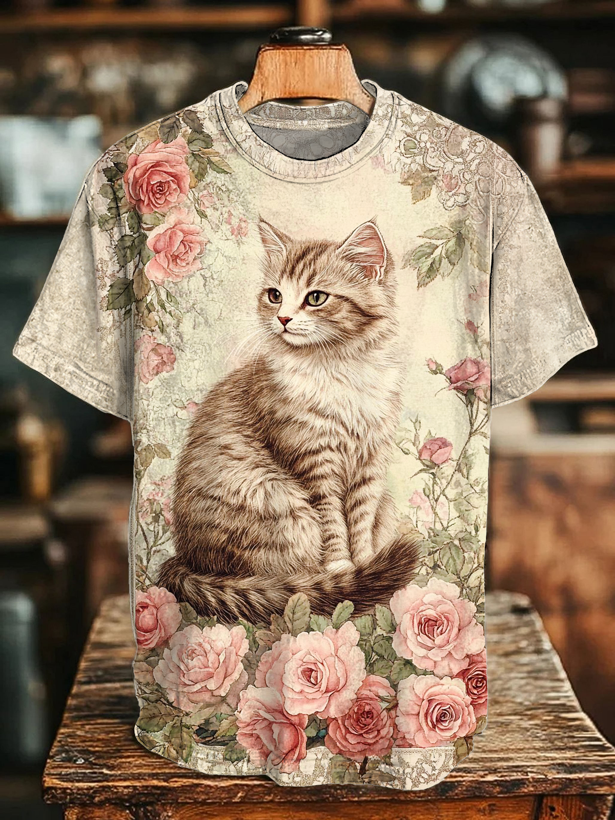 Retro Autumn Rose Pink Cat Crew Neck T-shirt