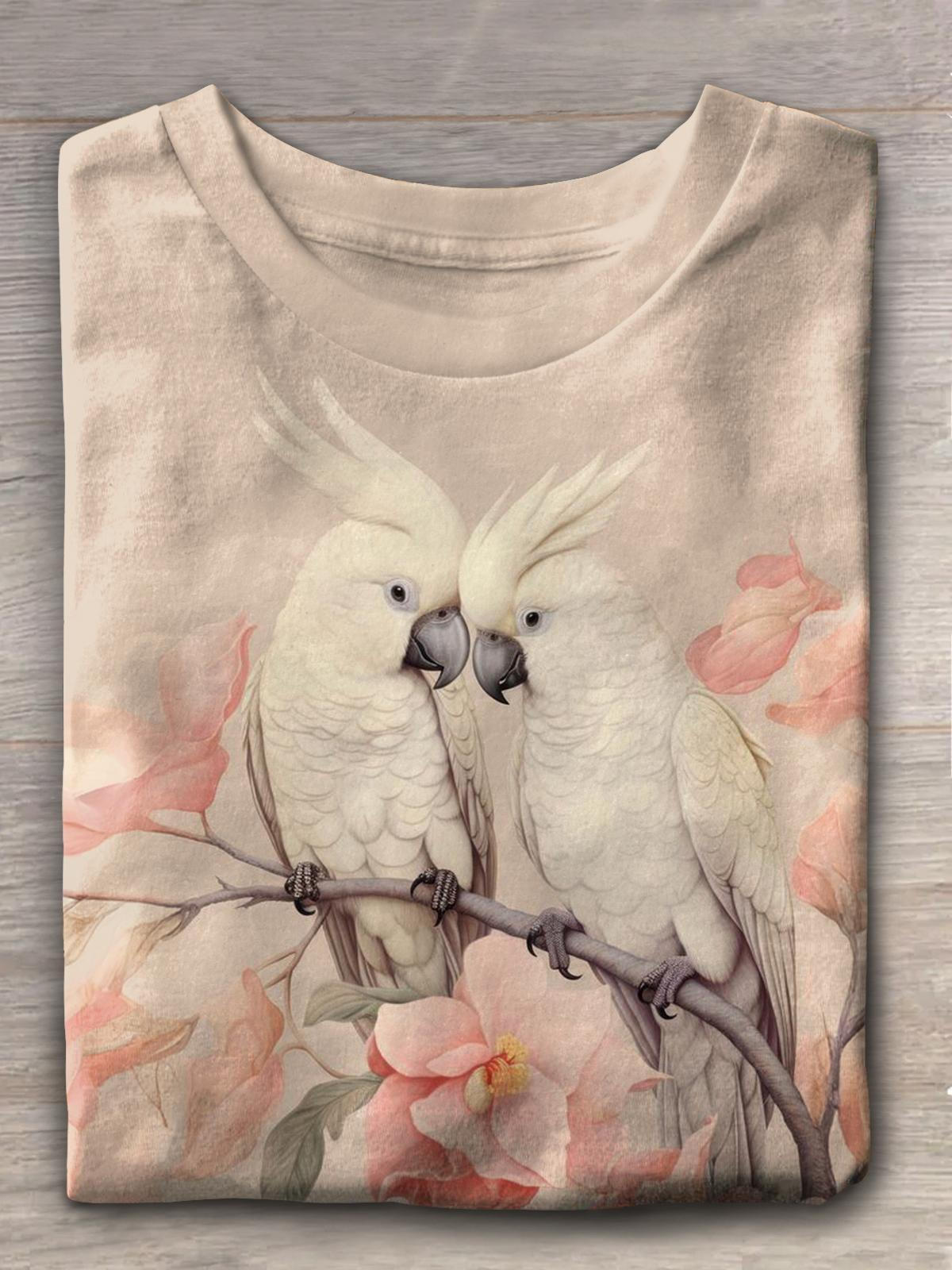 Women's Retro Floral Cute Parrot Love Couple Print Casual T-shirt