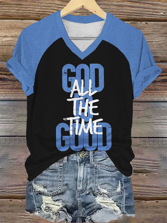 God Is Good All The Time Print V-neck T-Shirt