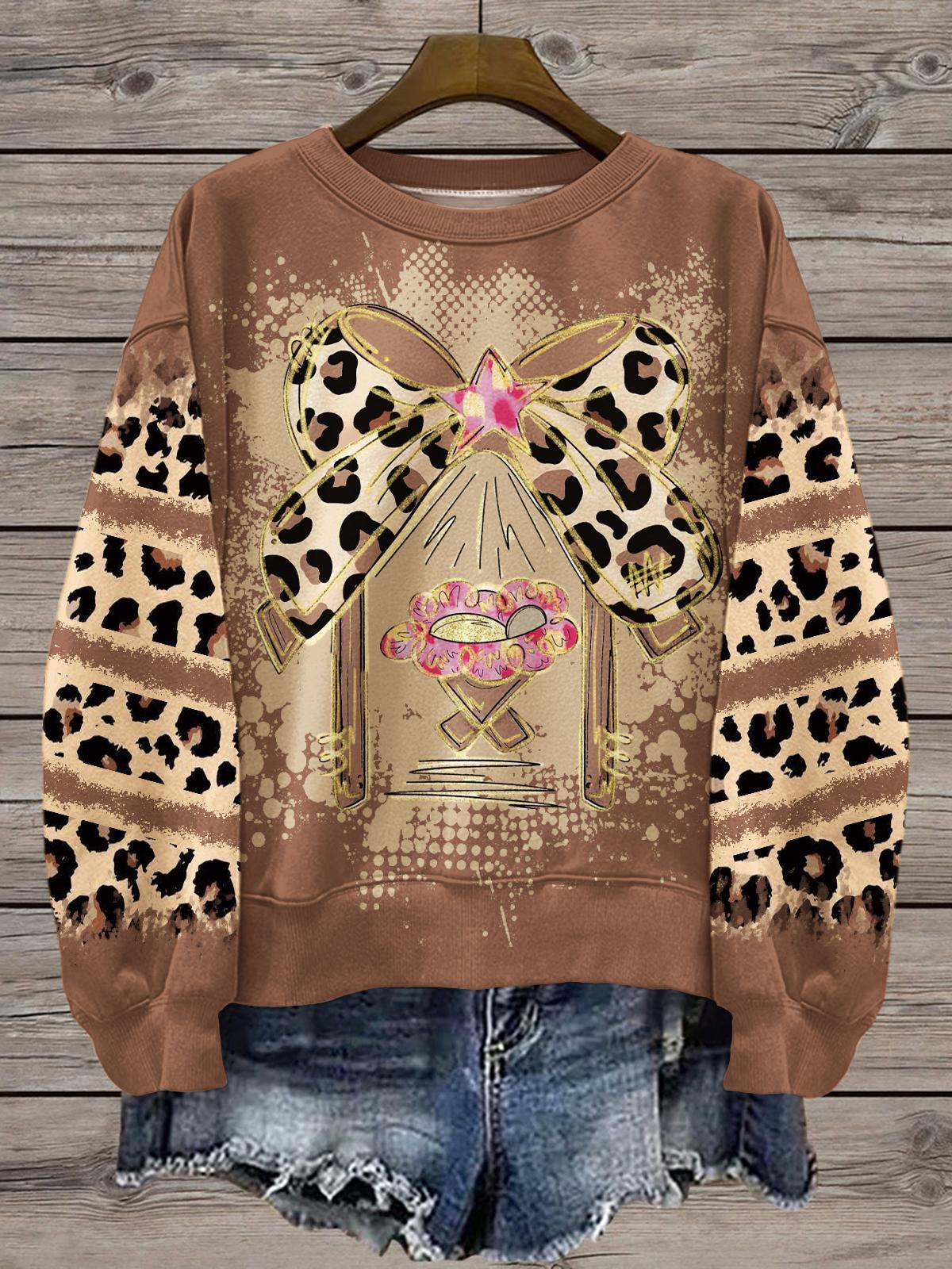 Women's Christmas Leopard Nativity Printed Long Sleeve Casual Top