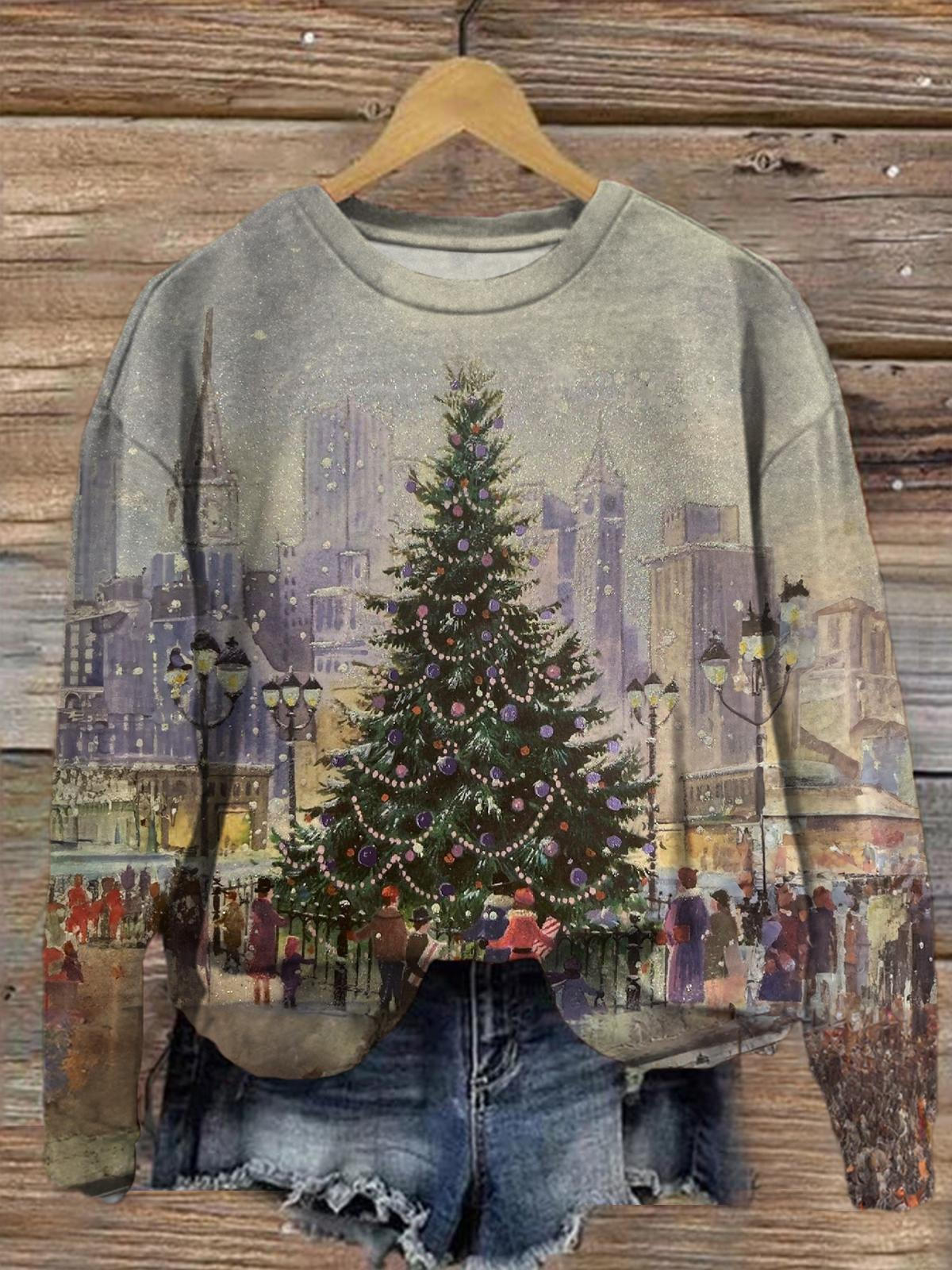 Women's Christmas Tree Retro Print Round Neck Long Sleeve Top