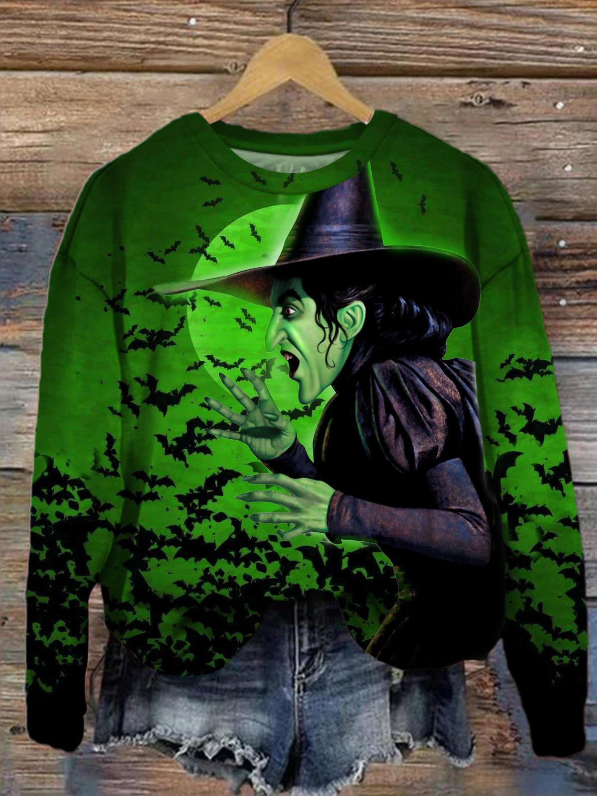 Women's Halloween Witch Bat Print Long Sleeve Top