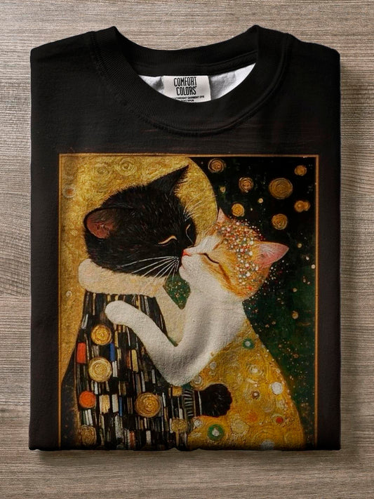 Retro Cat Couple Crew Neck T-shirt