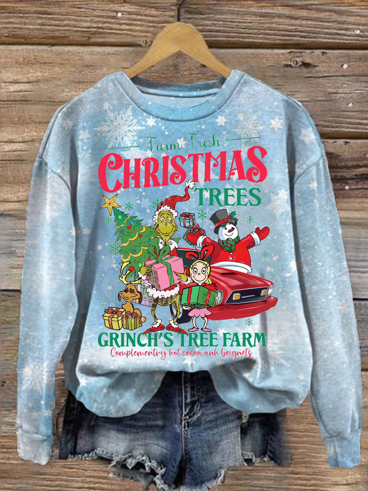 Farm Fresh Christmas Trees Printed Long Sleeve Casual Top