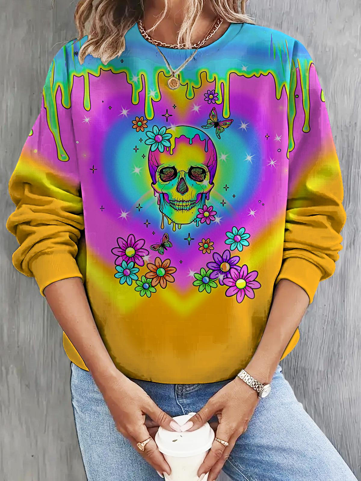 Women's Halloween Colorful Butterfly Skull Round Neck Long Sleeve Top