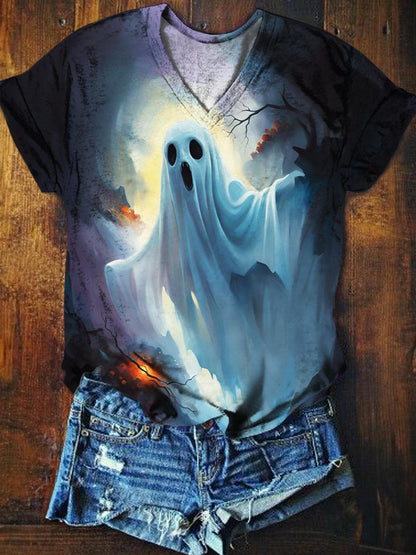 Ghost Print Casual V-Neck Top