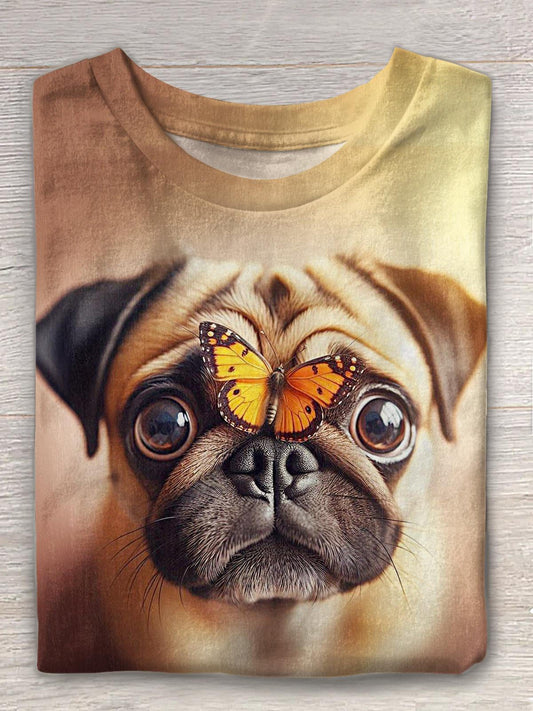 Fun Butterfly Puppy Print Crew Neck T-shirt