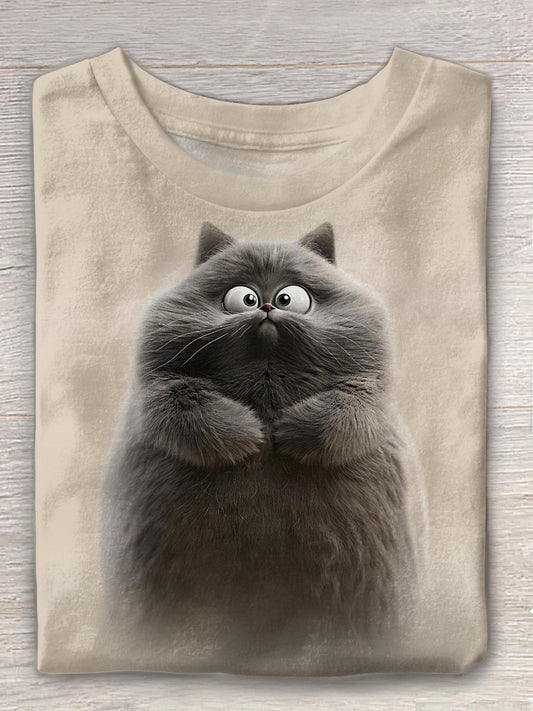 Women's Surprised Cat Print Crew Neck T-shirt