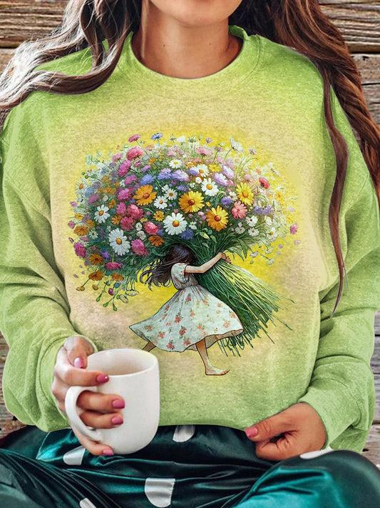 Autumn Flower Little Girl Printed Crew Neck Casual Sweatshirt