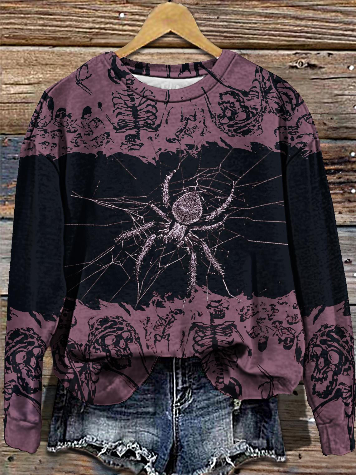 Women's Halloween Skull Spider Print Round Neck Long Sleeve Top