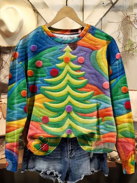 Rainbow Christmas TreePrinted Long Sleeve Casual Top