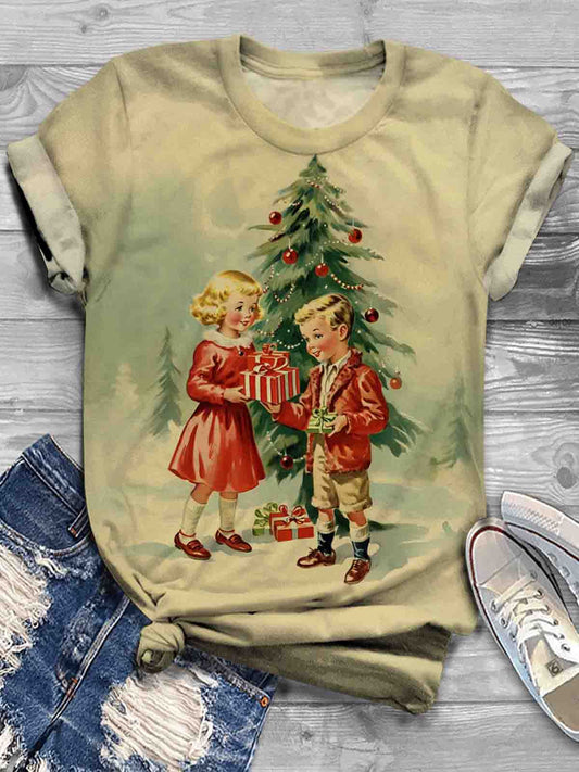 Women's Christmas Cute Kids Christmas Tree Printed T-shirt