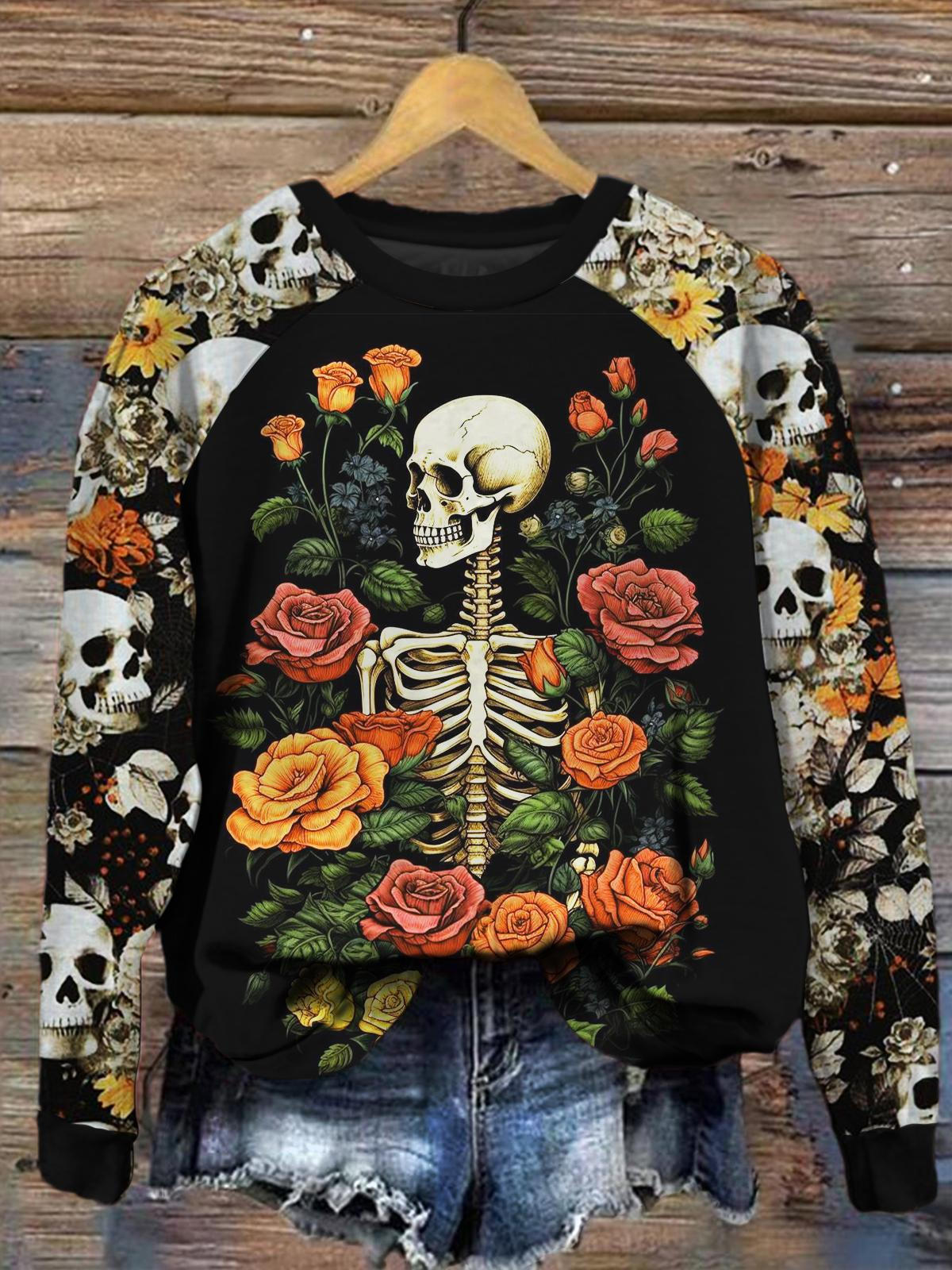 Women's Day of the Dead Skull Floral Print Long Sleeve Casual Top