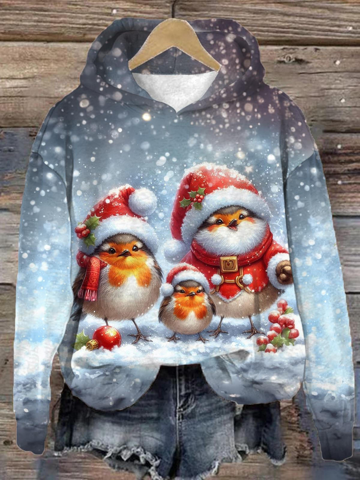 Cute Christmas Bird Long Sleeve Printed Hoodie