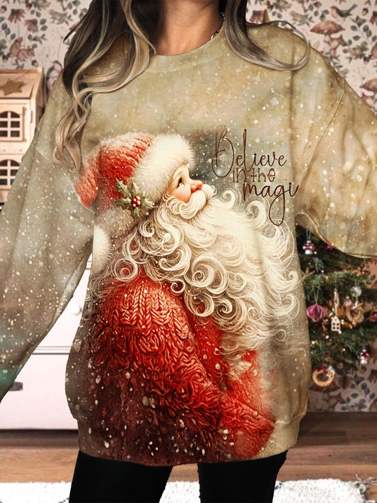 Women's Christmas Believe in Magic Santa Printed Long Sleeve Casual Top