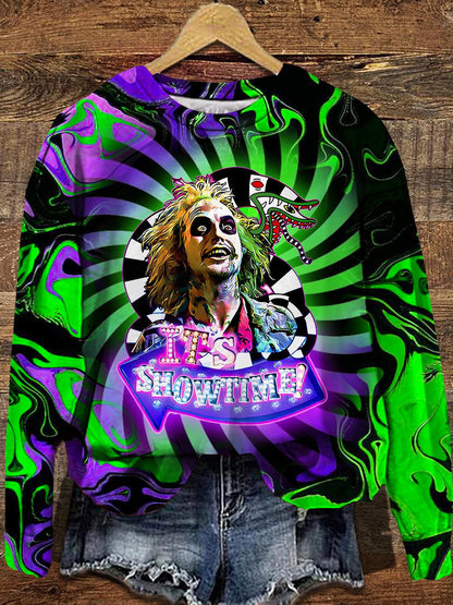 Women's Halloween Retro Beetlejuice Round Neck Long Sleeve Top