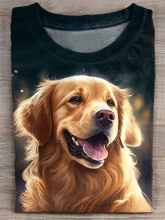 Cute Golden Retriever Printed Crew Neck T-shirt